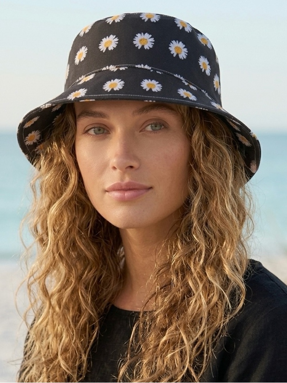 Bucket Hat All Over Daisy Pattern Black and White Whimsical Summer Hat